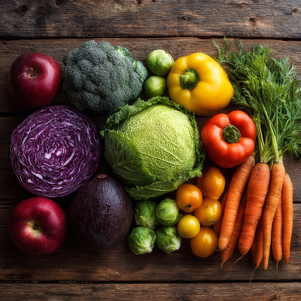 Fresh colorful vegetables and fruits rich in vitamins A, C, E and lutein arranged beautifully on wooden table