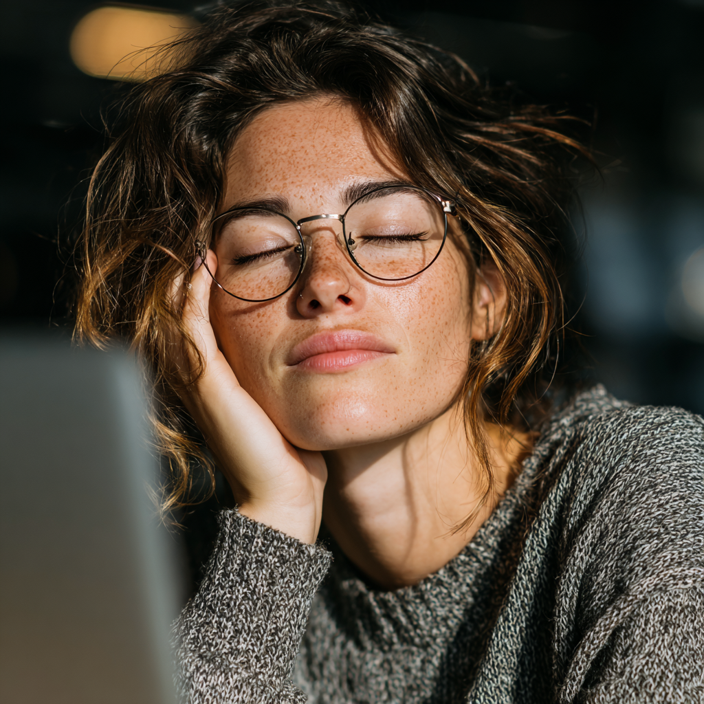 Professional woman taking a break from computer work, practicing healthy eye habits and digital wellness